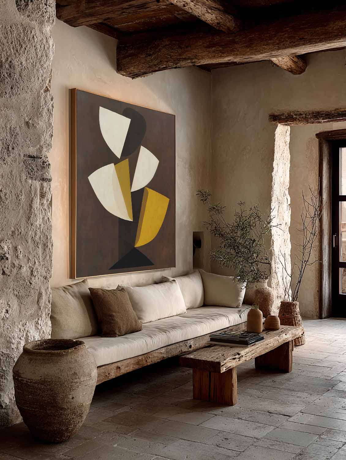 Large Yellow And Cream Abstract Wall Art Minimalism Leaf Shape Wall Art Handmade Yellow And Beige Abstract Canvas Art