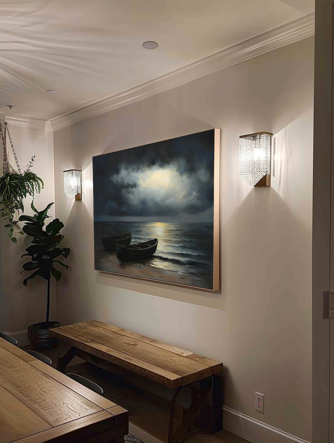 Minimalist Nighttime Seaside Oil Painting Wabi Sabi Vintage Boat At Night Painting Large Original Coastal Boat Art