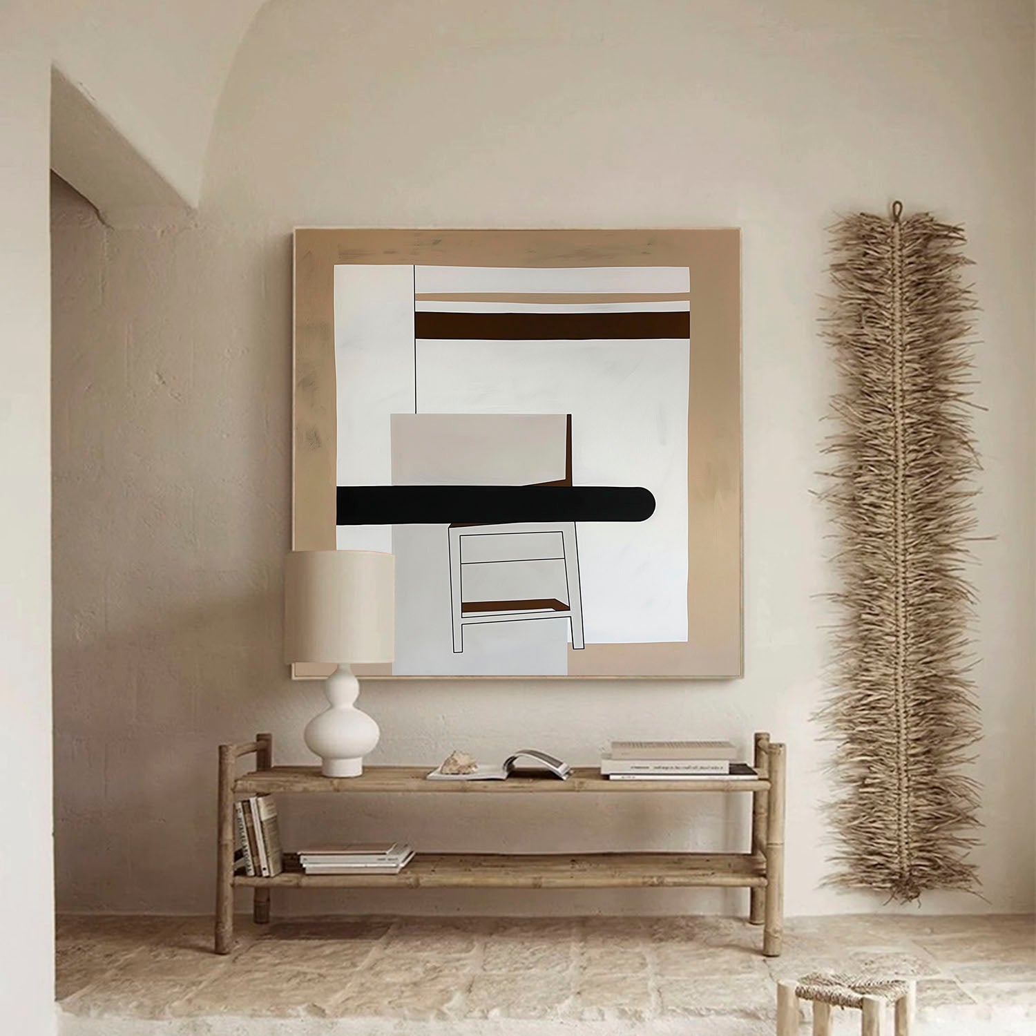 Large Retro Abstract Oil Painting Beige And Black Retro Wall Art Vintage Abstract Oil Painting