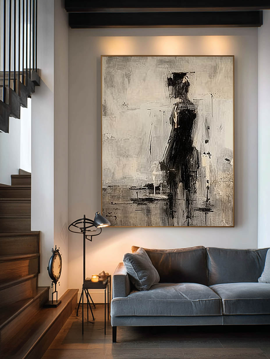 Black Abstract Wabi Sabi Character Painting Beige And Black Abstract Canvas Painting Neutral Minimalist Figure Wall Art