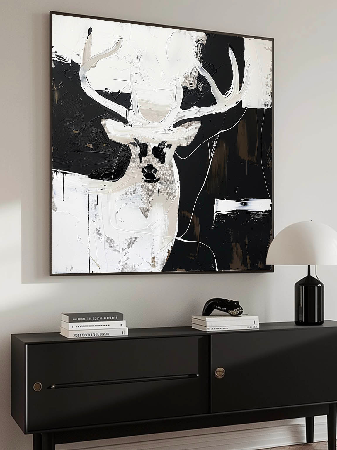 Vintage Black And White Abstract Deer Neutral Wall Art Acrylic Painting Vintage Canvas Wall Art Large Neutral Decor