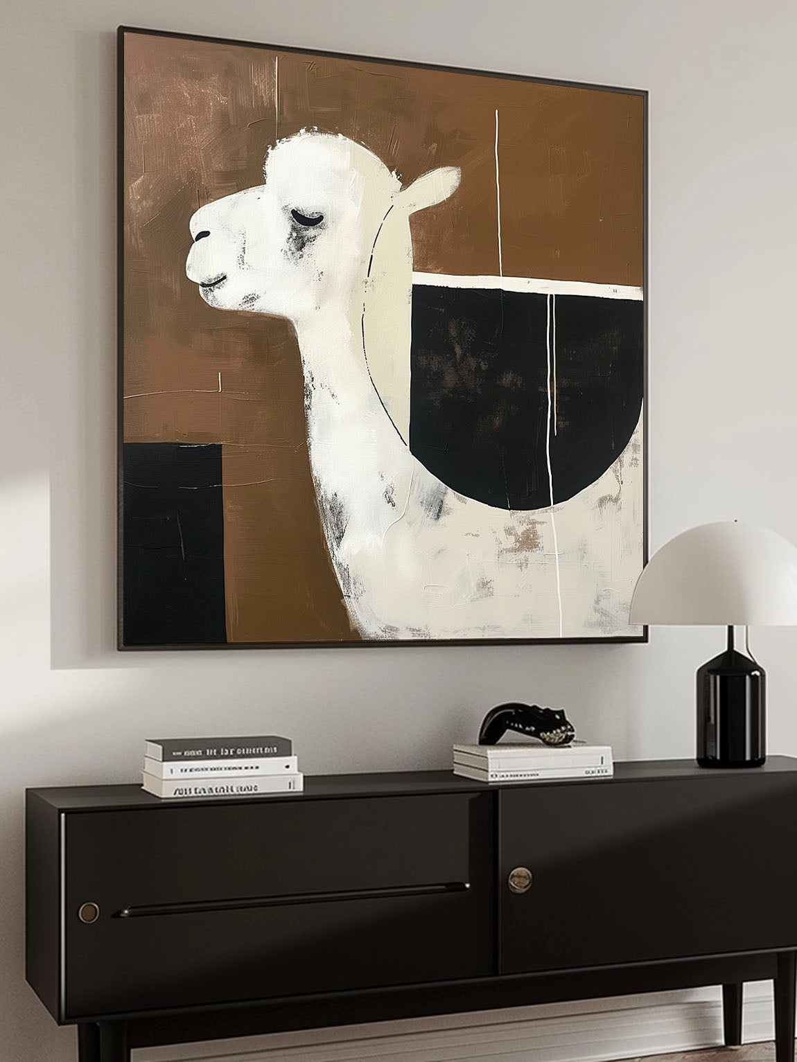 Vintage Black and White alpaca Painting on Canvas Neutral Background Wall Art Retro Abstract alpaca Art