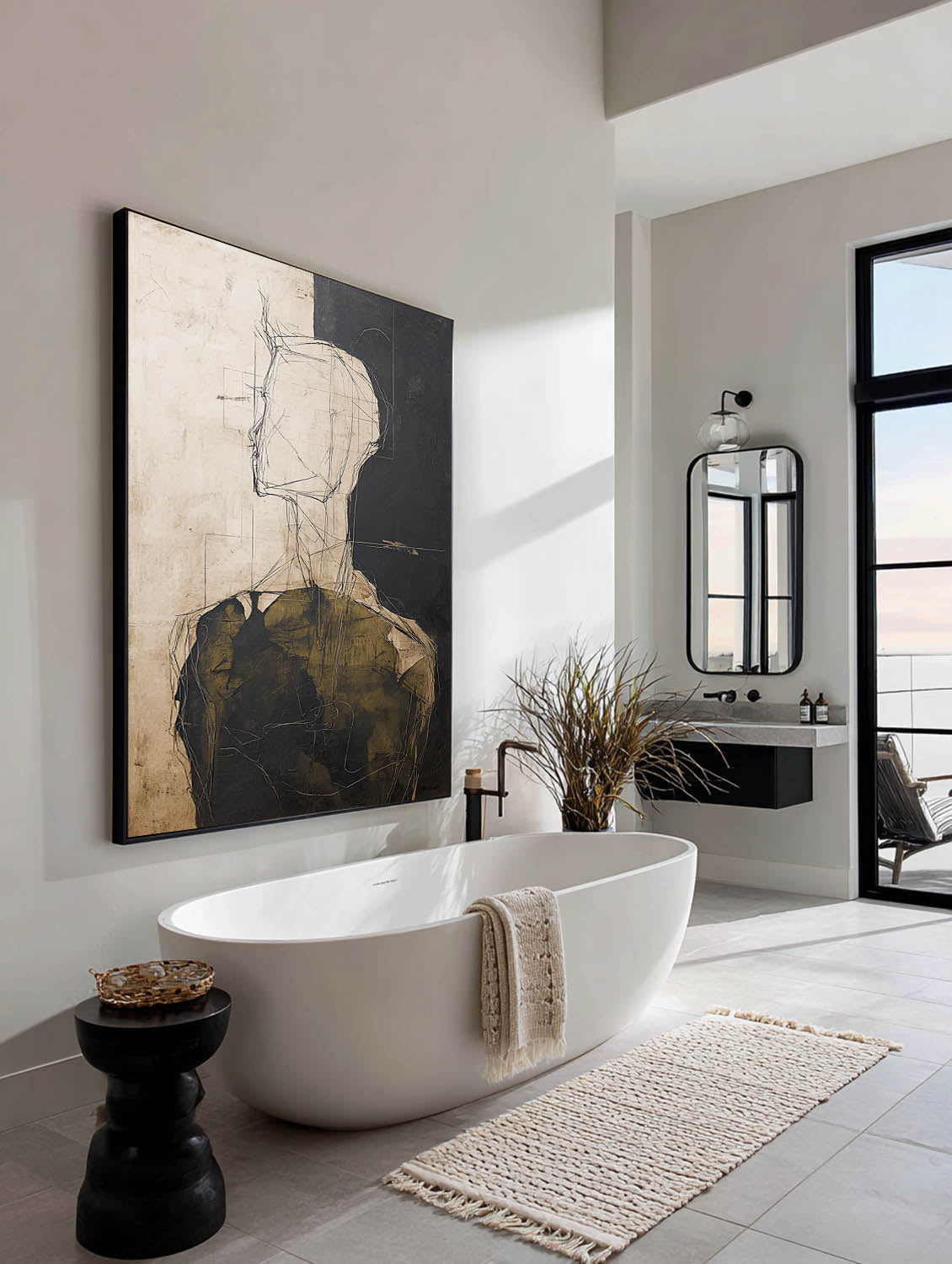 Black Beige Abstract Figure Painting Neutral Black And Beige Abstract Portrait Art Large Figure Wall Art For Home Interiors