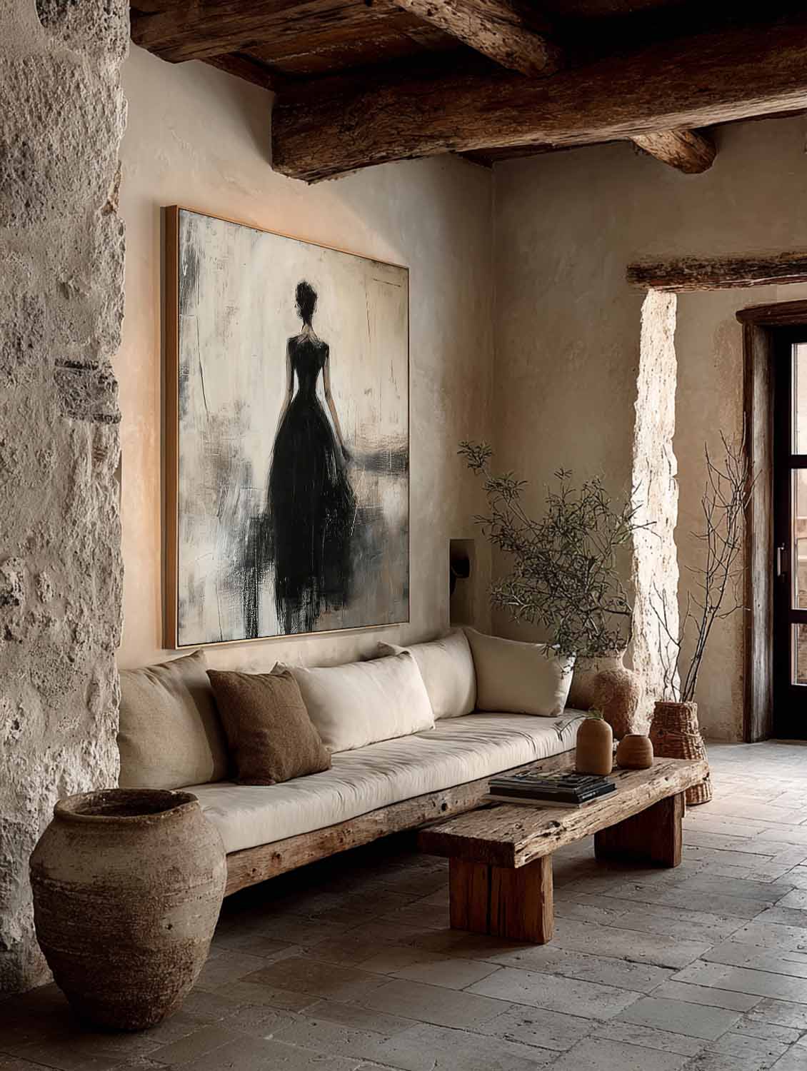 Contemporary Lady Painting In Black Dress Black Wabi-Sabi Abstract Painting Beige And Black Lady Canvas Art