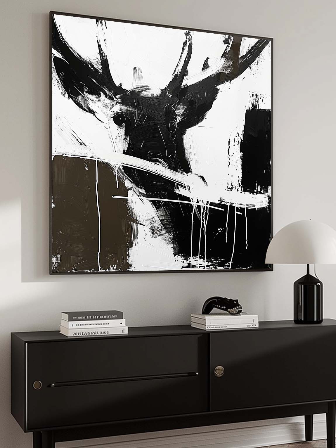 Large Black and White Deer Painting Retro Large Deer Canvas Art Retro Minimalist Deer Canvas Large Wall Decor