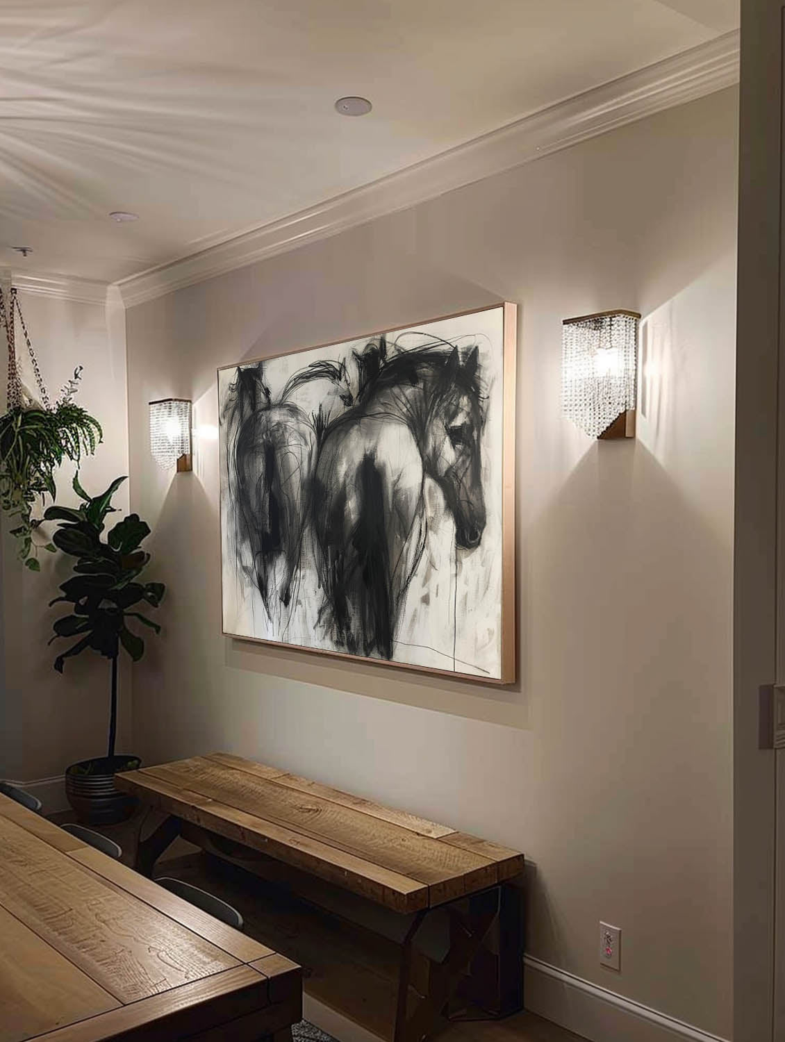 Vintage Black Horse Acrylic Painting Large Original Abstract Canvas Art Neutral Abstract Horse Acrylic Art