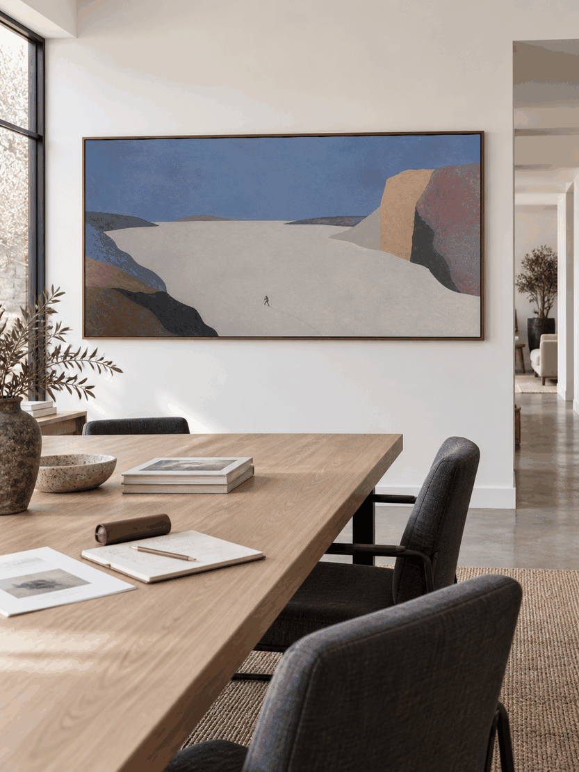 Minimalist Snow Valley Canvas Art With Lone Traveler For Modern Office Decor
