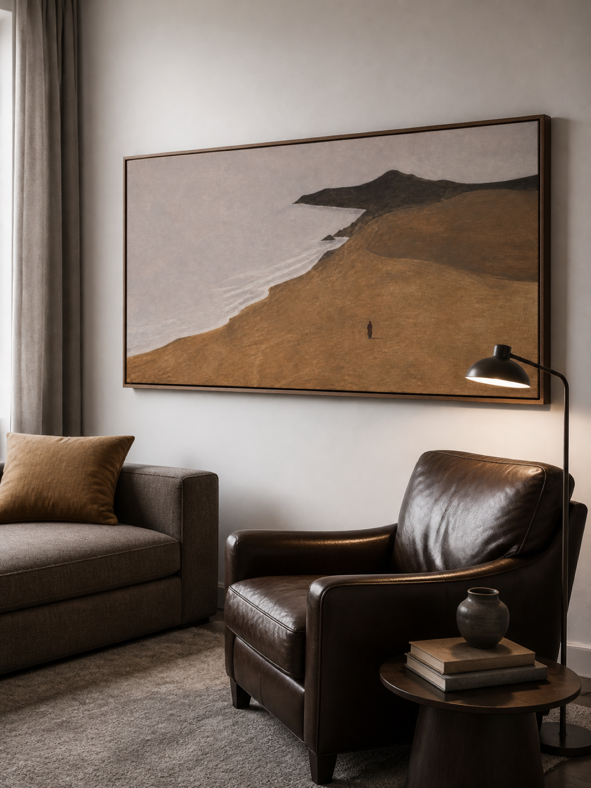 Solitary Figure Coastal Landscape Hand-Painted Canvas Art In Taupe And Silver
