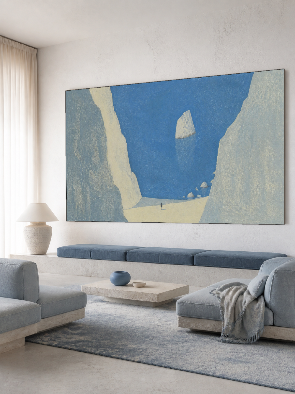 Cobalt Blue Sea And White Limestone Cliffs Contemporary Coastal Oil Painting