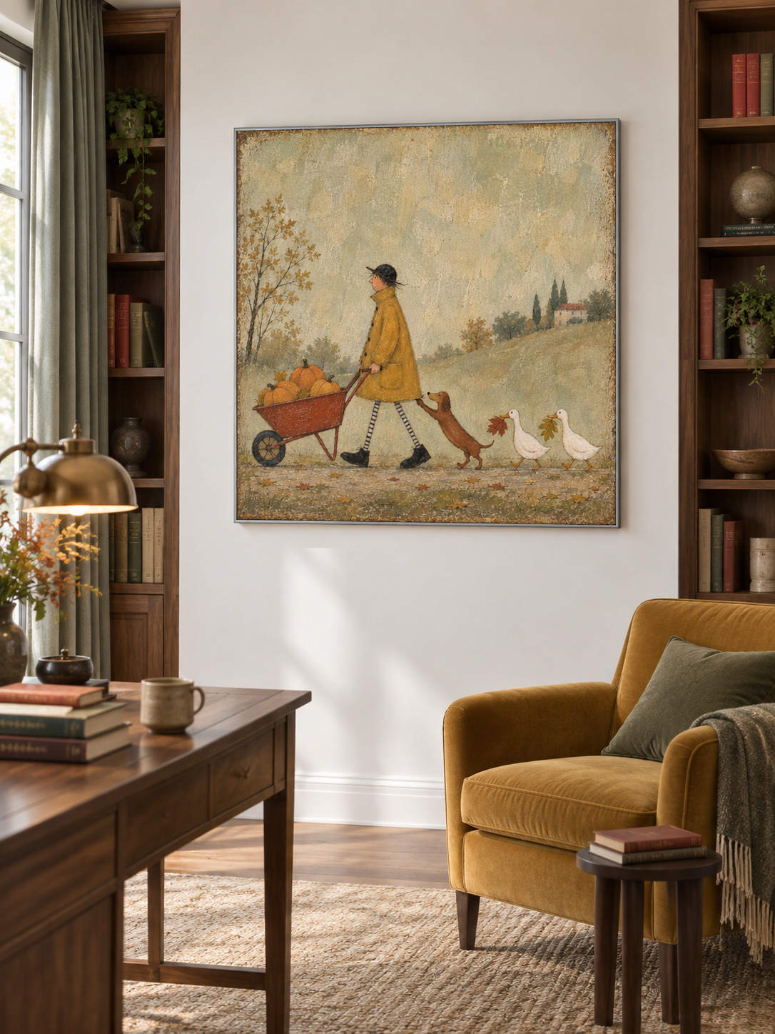 Autumn Harvest Canvas Art With Dog Ducks And Pumpkins For Kids Room Decor