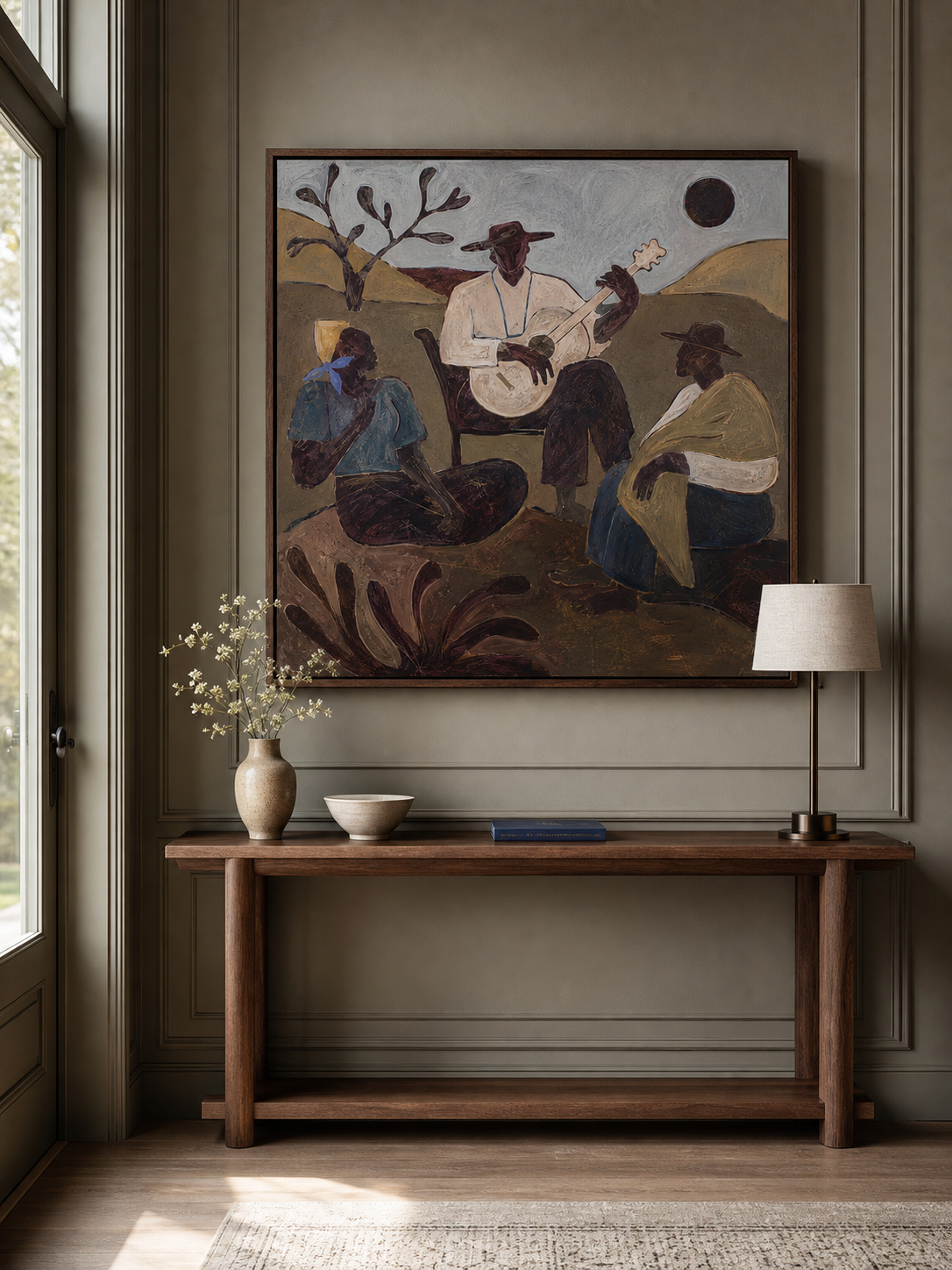 Original Folk Music Painting With Moonlight Scene Oil Painting Large Rustic Southwestern Wall Art