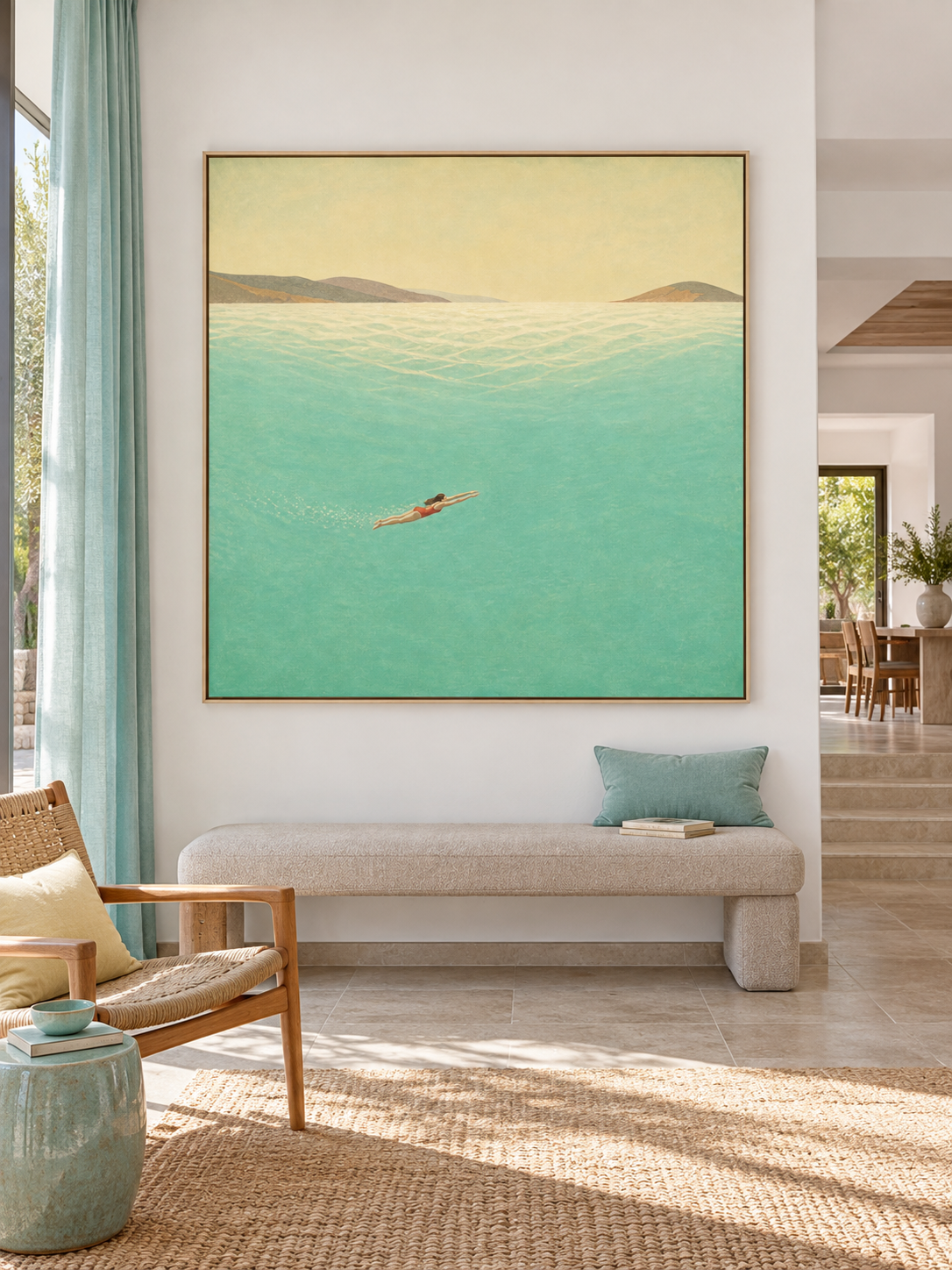 Minimalist Diving Art Original Oil Painting Beige And Green Tones