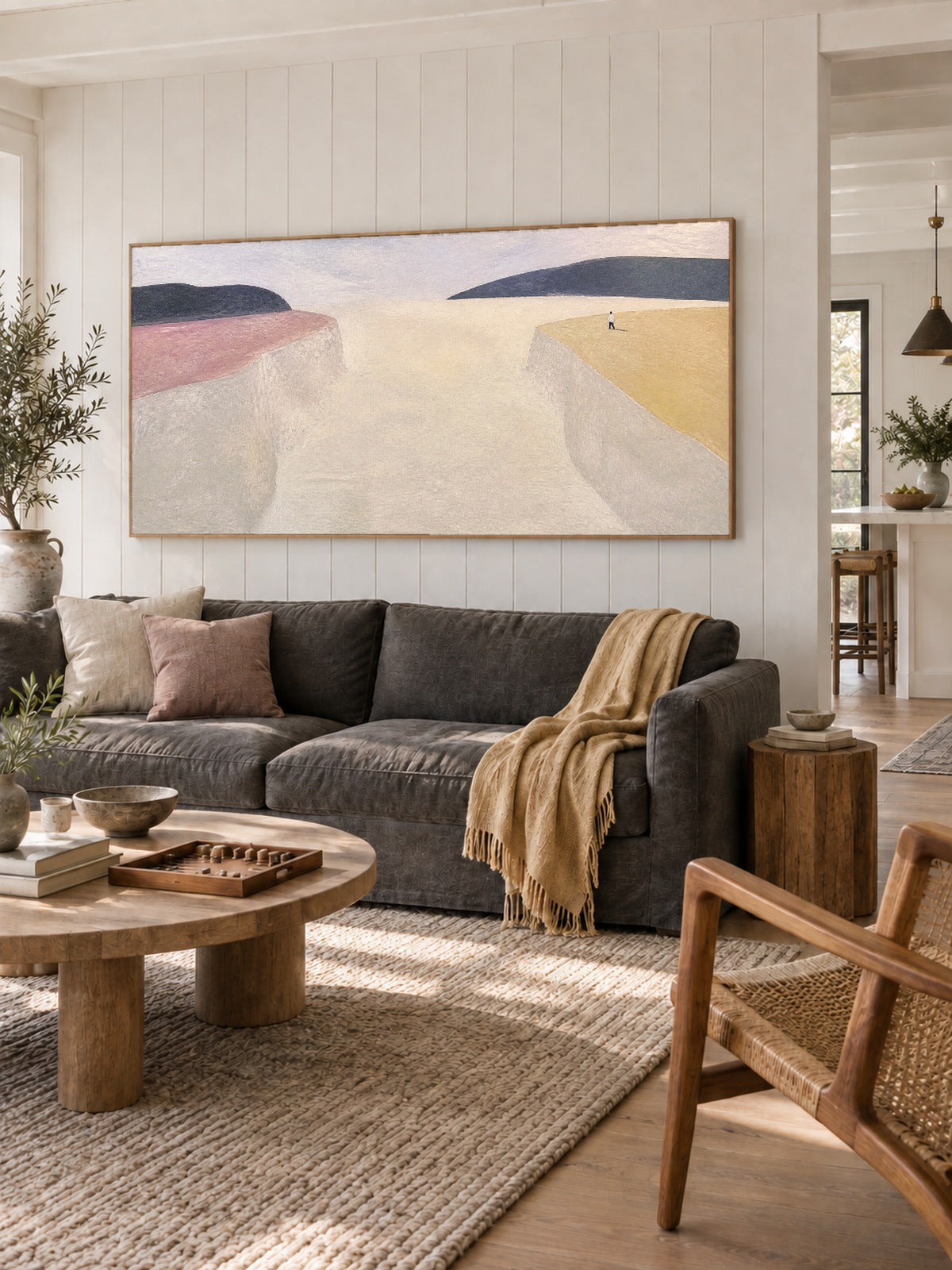 Minimalist Beige Canyon Canvas Art With Lone Figure For Living Room Decor