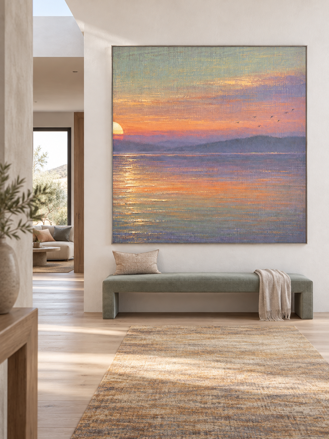 Golden Sunset Lake Square Wall Art Hand Painted Birds And Water Landscape Painting