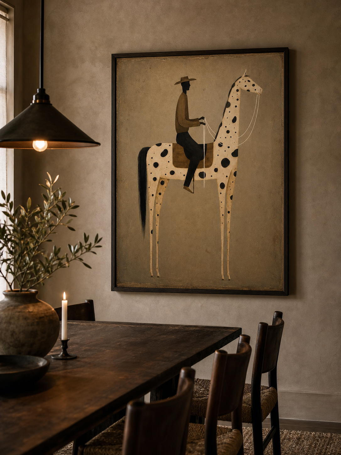 Vintage Equestrian Oil Painting Featuring A Stylized Rider On A Spotted Horse In Earthy Tones