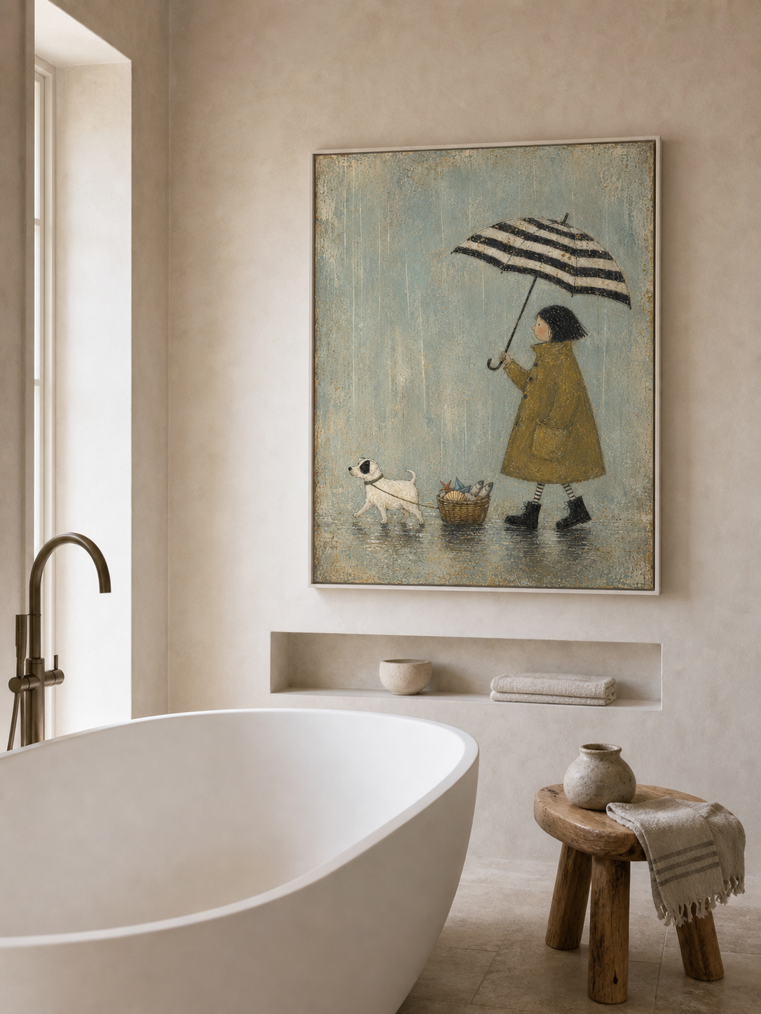 Rainy Day Dog Canvas Wall Art Striped Umbrella And Fish Basket Vintage Decor