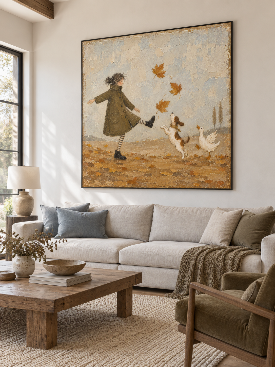 Autumn Leaf Dance Canvas Art With Dog And Duck For Cozy Living Room Decor