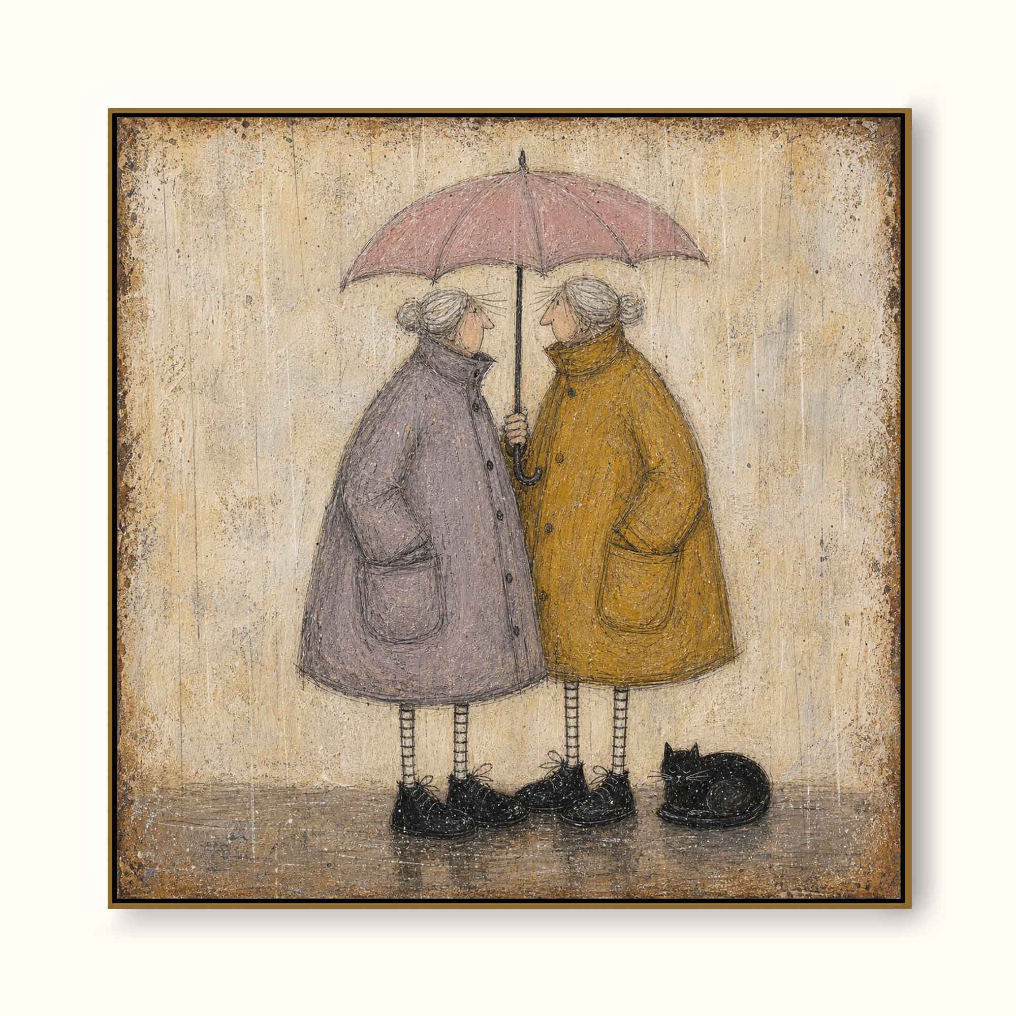Whimsical Elderly Couple Under Umbrella Vintage Oil Painting For Cozy Living Room Wall Art