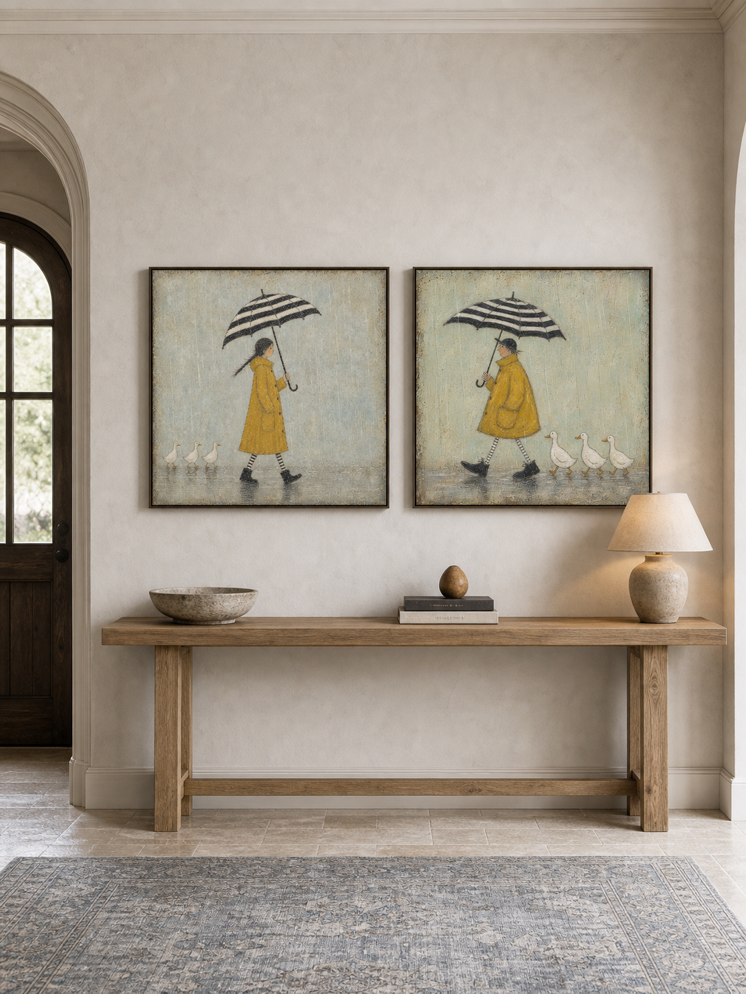 Whimsical Rainy Day Art With Ducks And Yellow Raincoats For Cottage Style Home