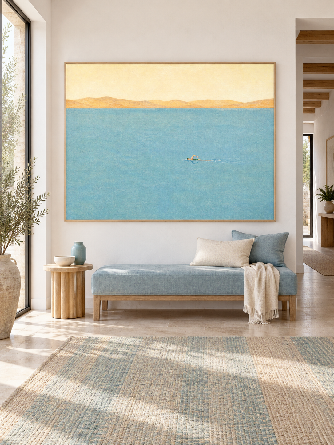 Hand-Painted Blue Swimmer Wall Art Minimalist Freestyle Art For Bedroom Decor