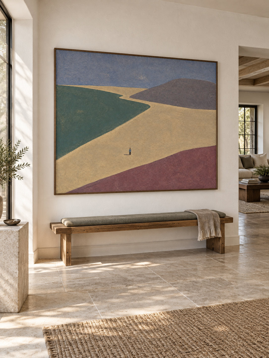 Minimalist Color Block Landscape Canvas Art With Lone Figure For Bedroom Decor