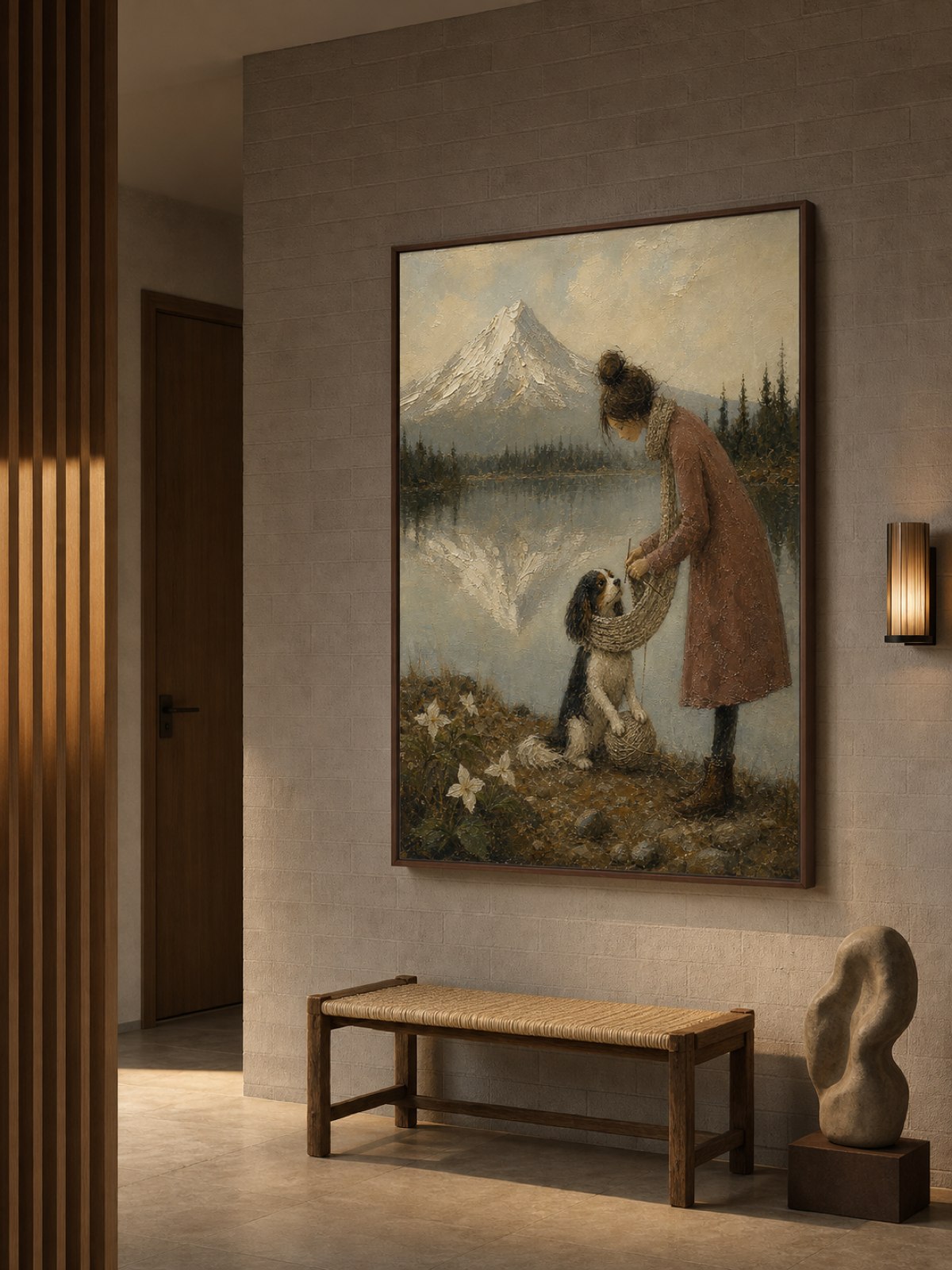 Vintage Pet Travel Wall Art Woman And Dog Abstract Landscape Oil Painting