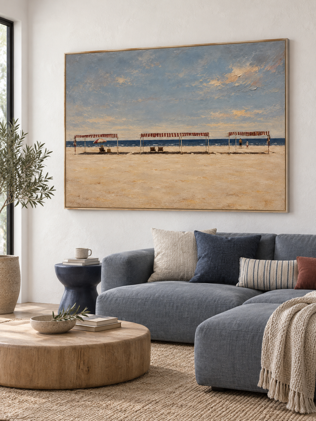 Large Neutral Seaside Wall Art In Blue And Beige For Modern Home Decor