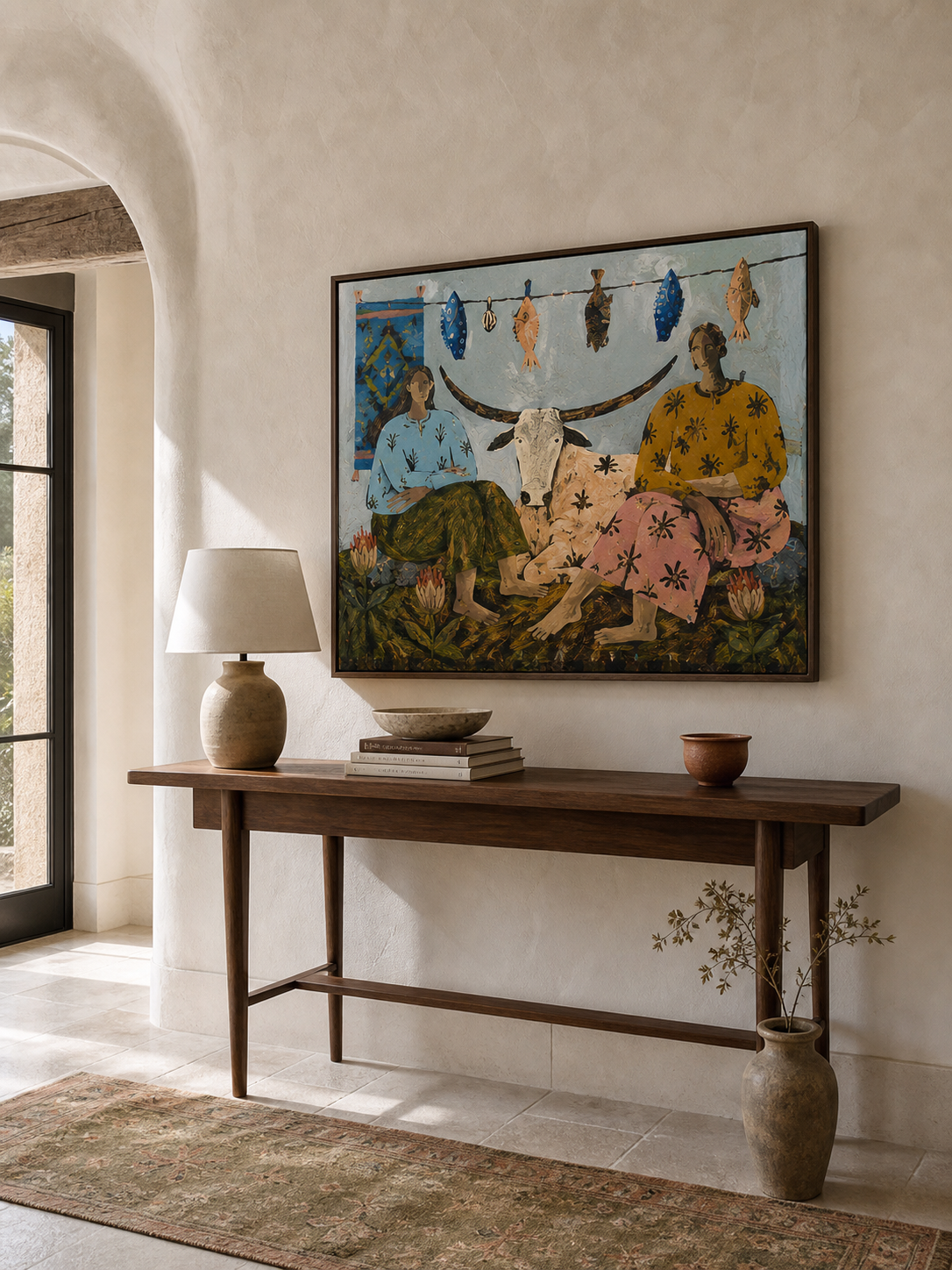 Vintage Inspired Bohemian Figurative Painting Of Rural Woman With Rustic Cow Scene