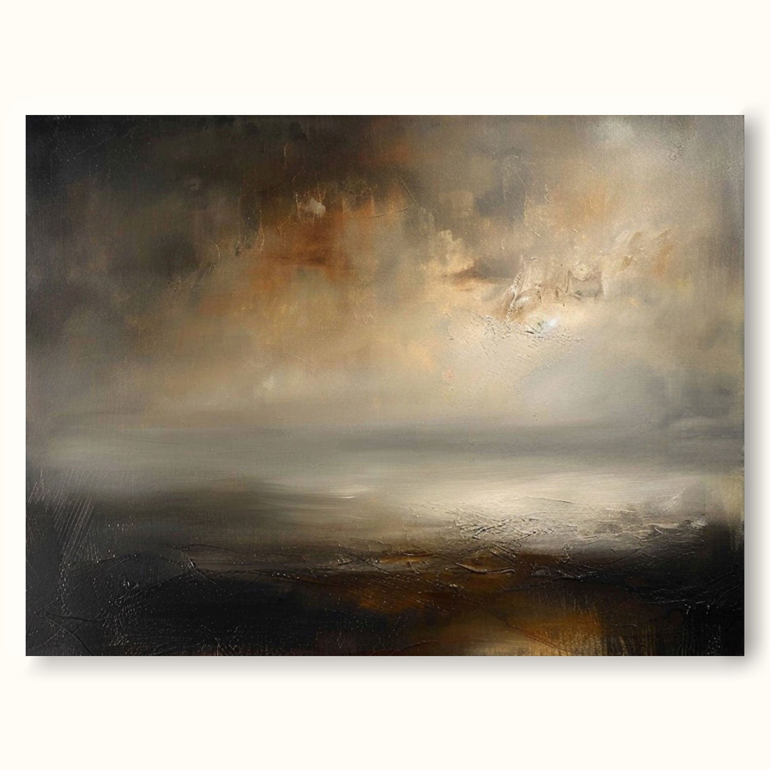 Retro Black And Beige Abstract Painting Vintage Neutral Lake Scenery Wall Art Large Abstract Neutral Lake Artwork