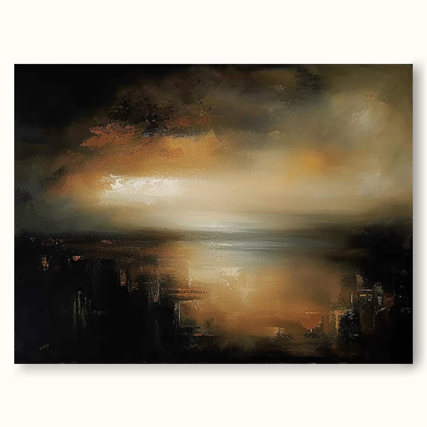 Retro Black And Brown Landscape Painting Original Black And Beige Lake Painting Minimalist Black And Brown Lake Art