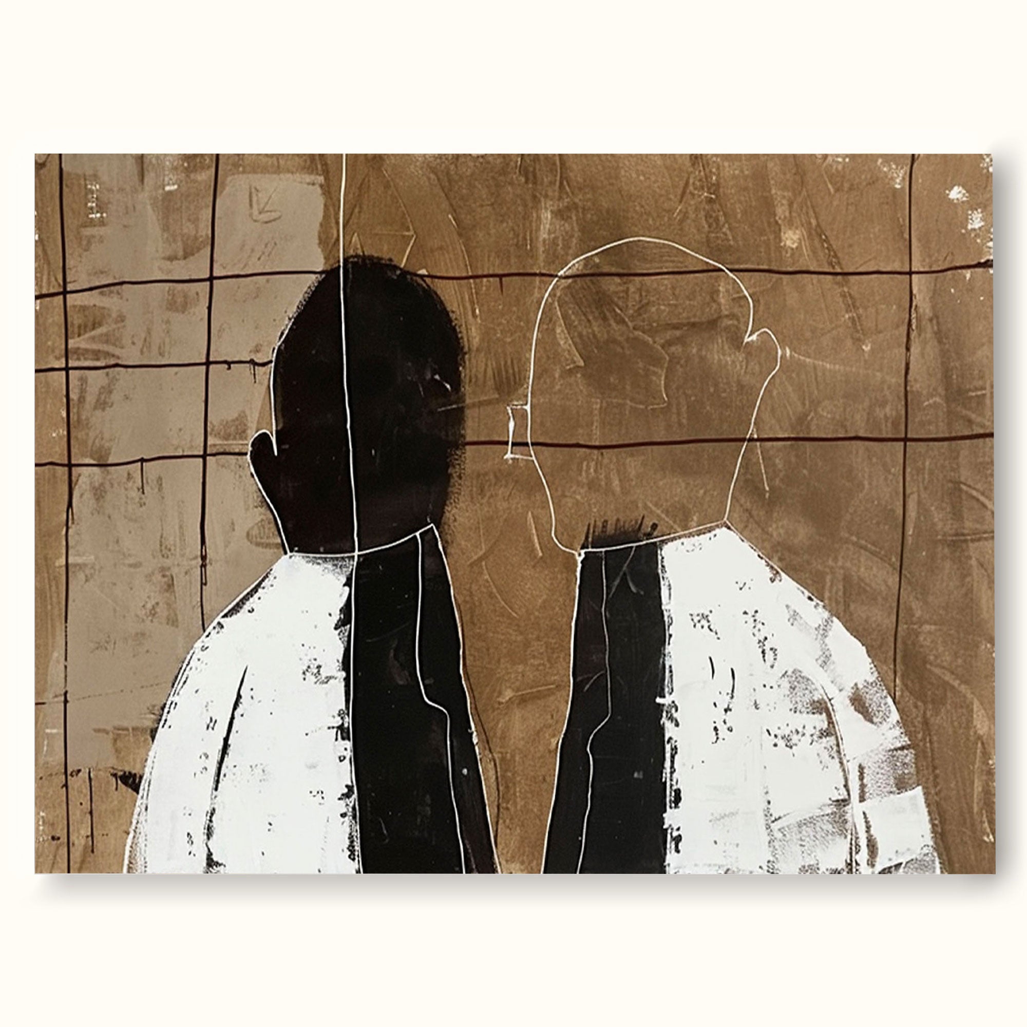 Vintage Abstract Figure Painting Large White And Black Figure Wall Art Vintage Minimalist Neutral Figure Art On Canvas