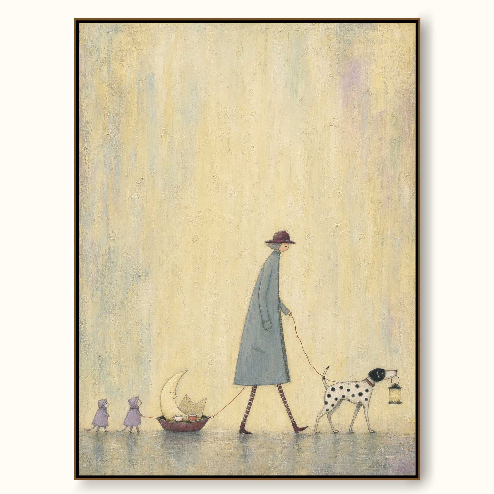Whimsical Dog And Moon Art For Kids Room Naive Folk Painting