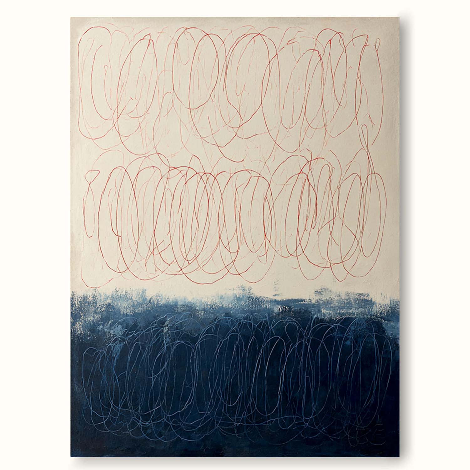 Large Minimalist Beige And Blue Abstract Line Painting Original Hand-Painted Line Wall Art Modern Neutral Beige Line Canvas Decor