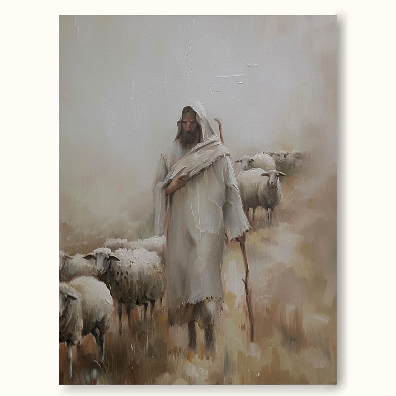 Minimalist Christian Canvas Art Jesus Christ The Shepherd Wall Art Hand Drawn Neutral Tone Jesus Oil Painting