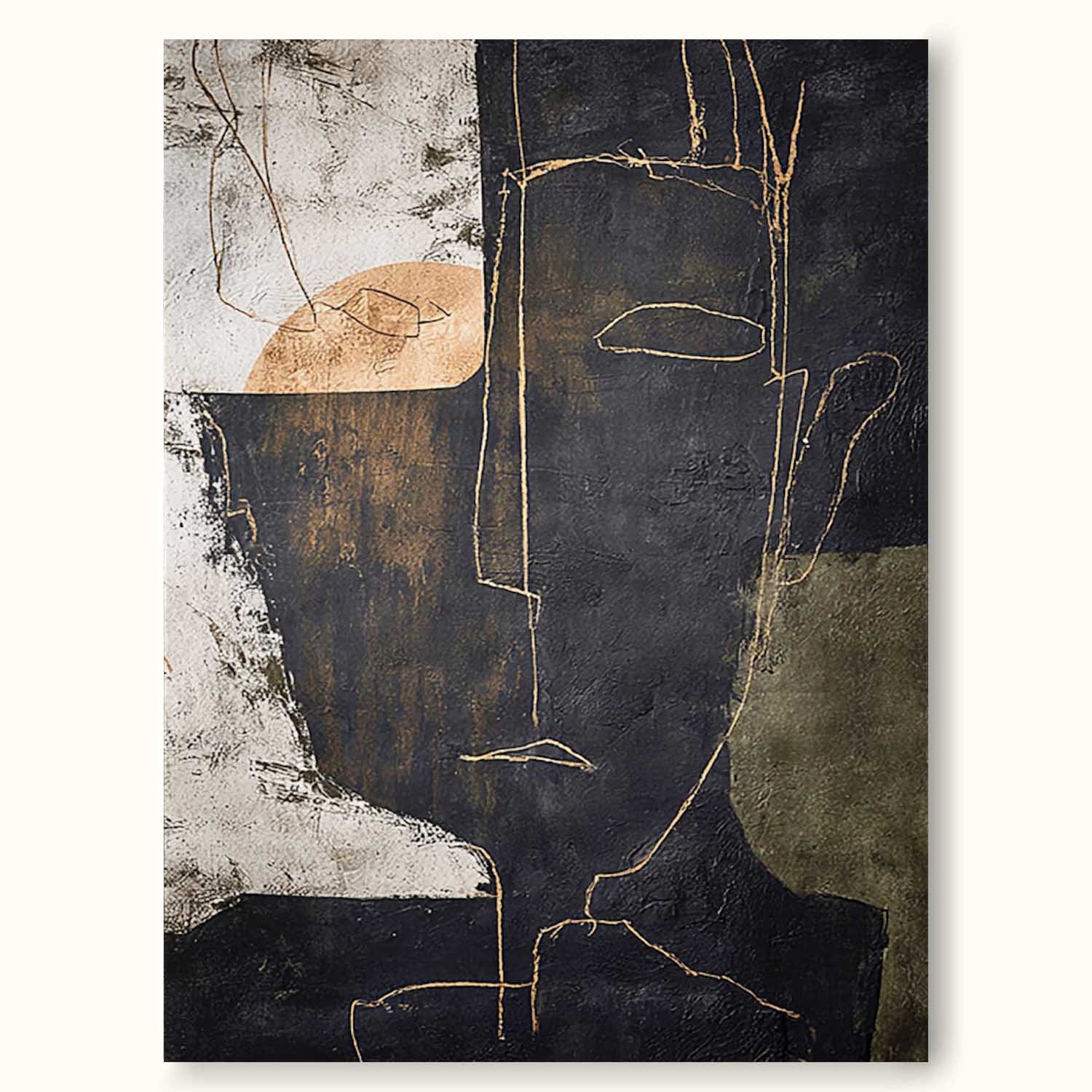 Handmade Black Beige Abstract Portrait Painting Large Black Abstract Face Oil Painting Original Minimalist Line Artwork