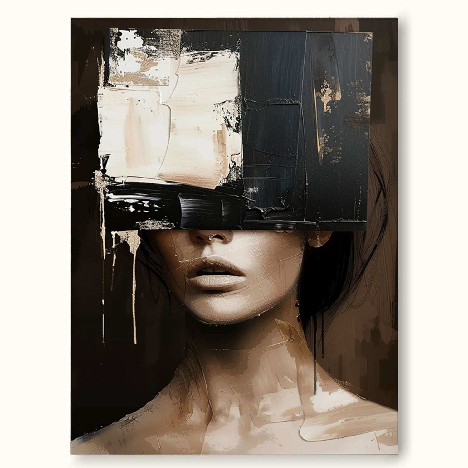 Vintage Black Beige Female Portrait Retro Neutral Female Portrait On Canvas Large Abstract Female Portrait Canvas Art
