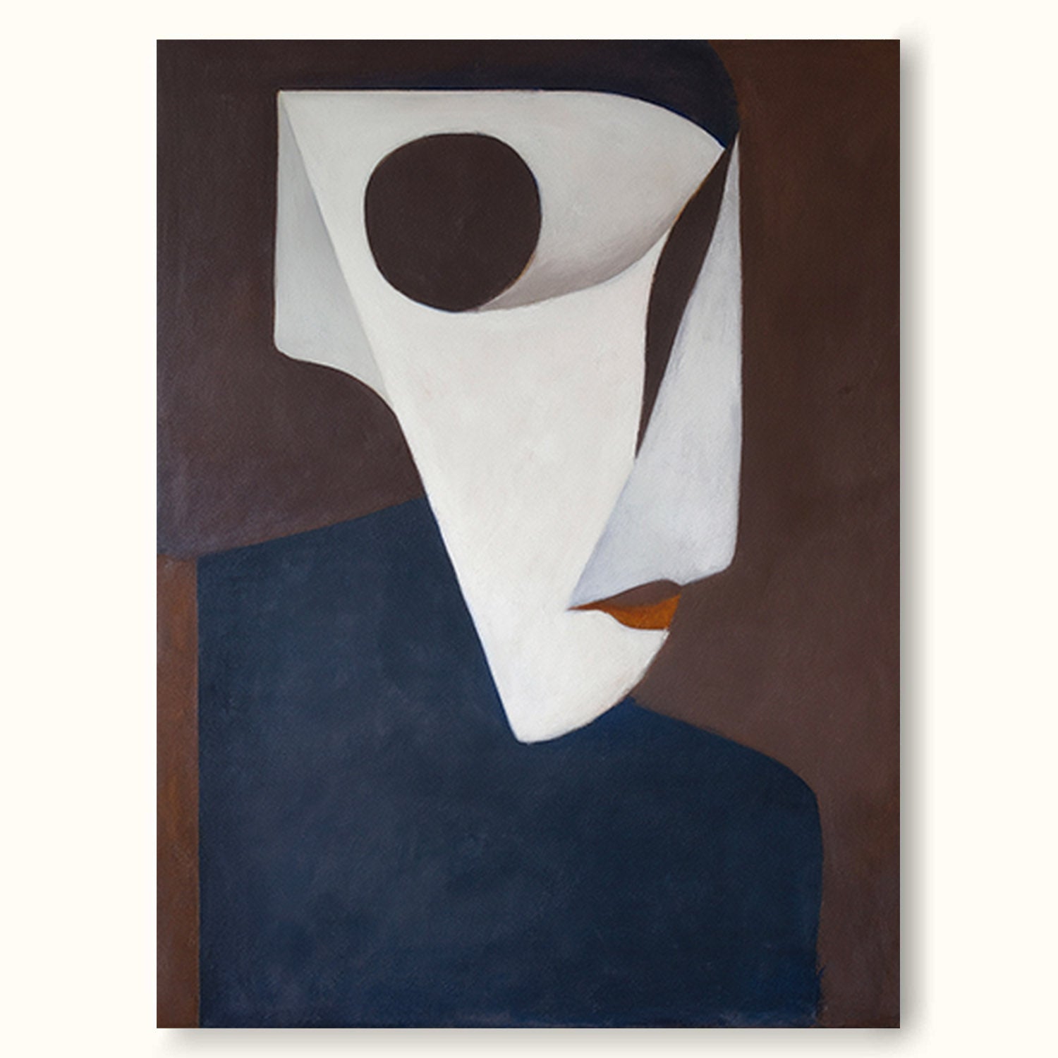 Modern Mask Like Figure In Neutral Tones Large Abstract White And Blue Oil Painting Minimalist Modern Canvas Art