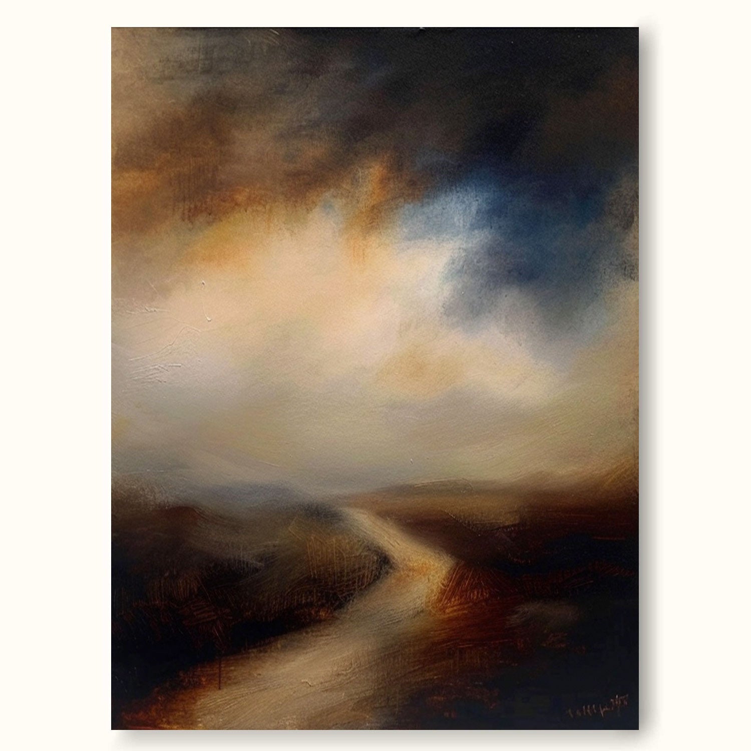 Vintage Rustic Landscape Home Decor Retro Brown Lake Landscape Painting Minimalist Neutral Lakeview Wall Art