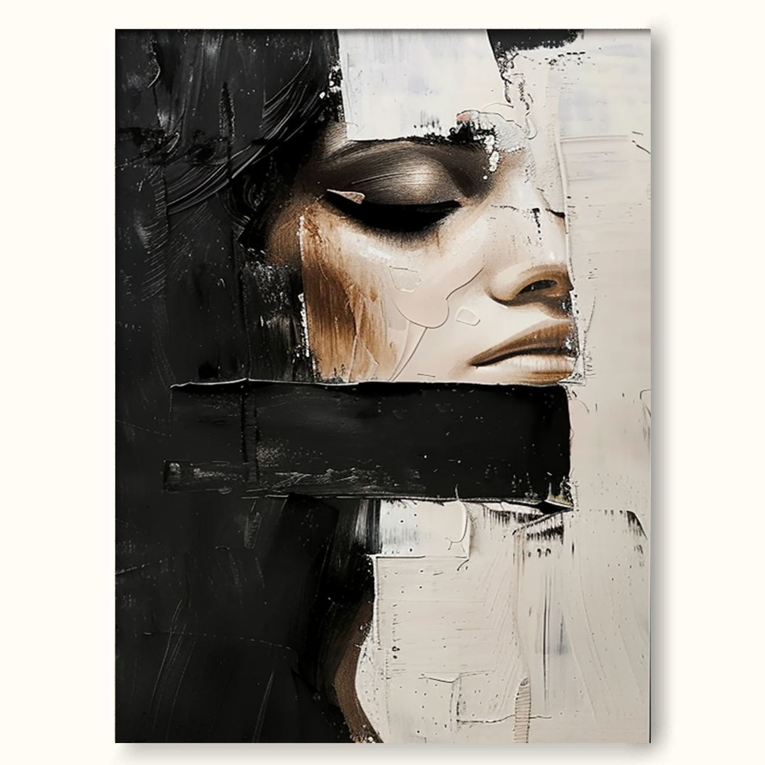 Vintage Abstract Lady Painting Black And Beige Woman Painting Decor Original Woman Face Canvas Art Faceless Painting Art