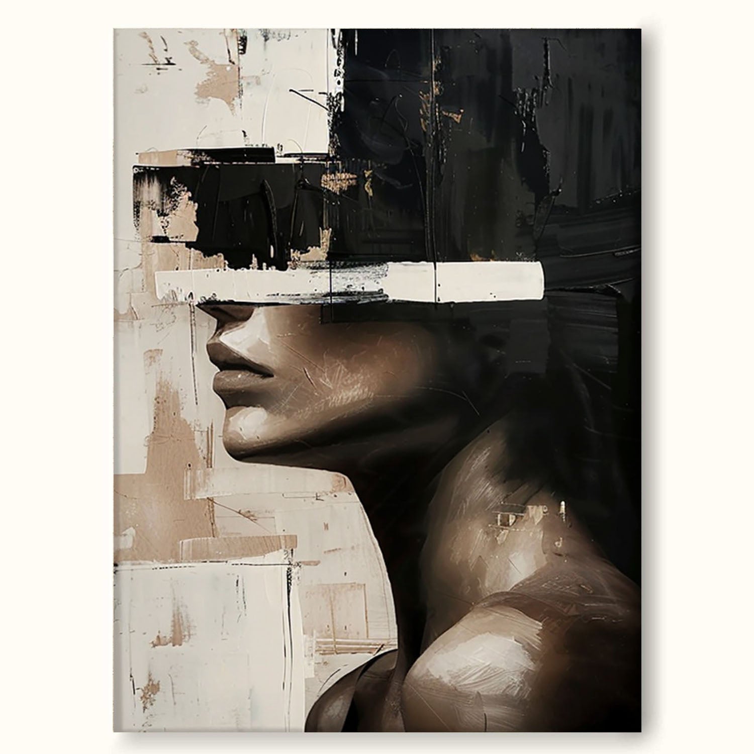 Original Retro Black And Beige Female Portrait Textured Painting Vintage Black And Beige Abstract Canvas Art
