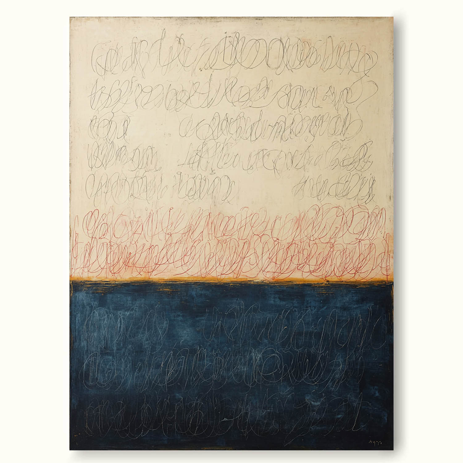 Large Beige and Blue Abstract Line Painting Original Hand-Painted Beige and Deep Blue Abstract Canvas Beige and Blue Abstract Line Art