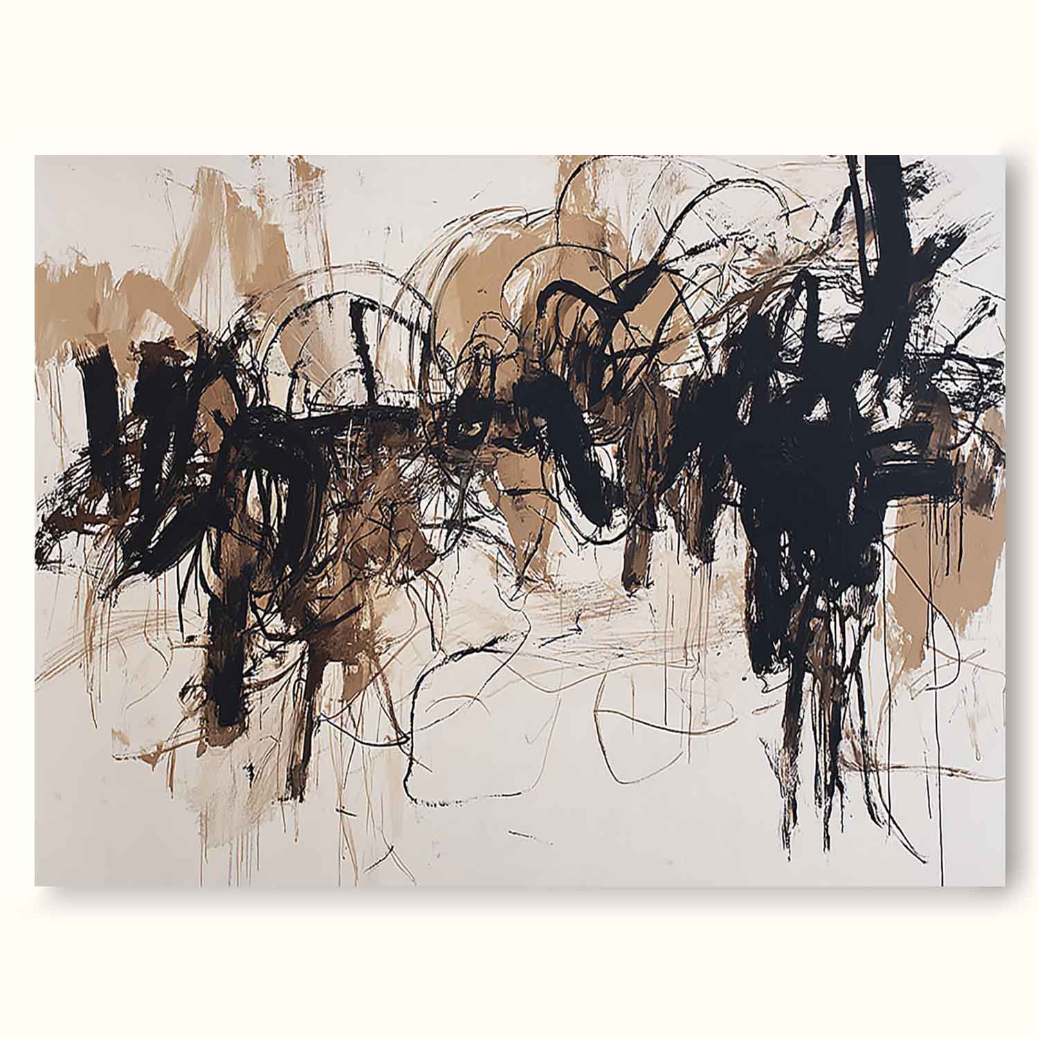Contemporary Beige And Black Abstract Wall Art Neutral Black Abstract Oil Painting Large Textured Canvas For Modern Home Decor