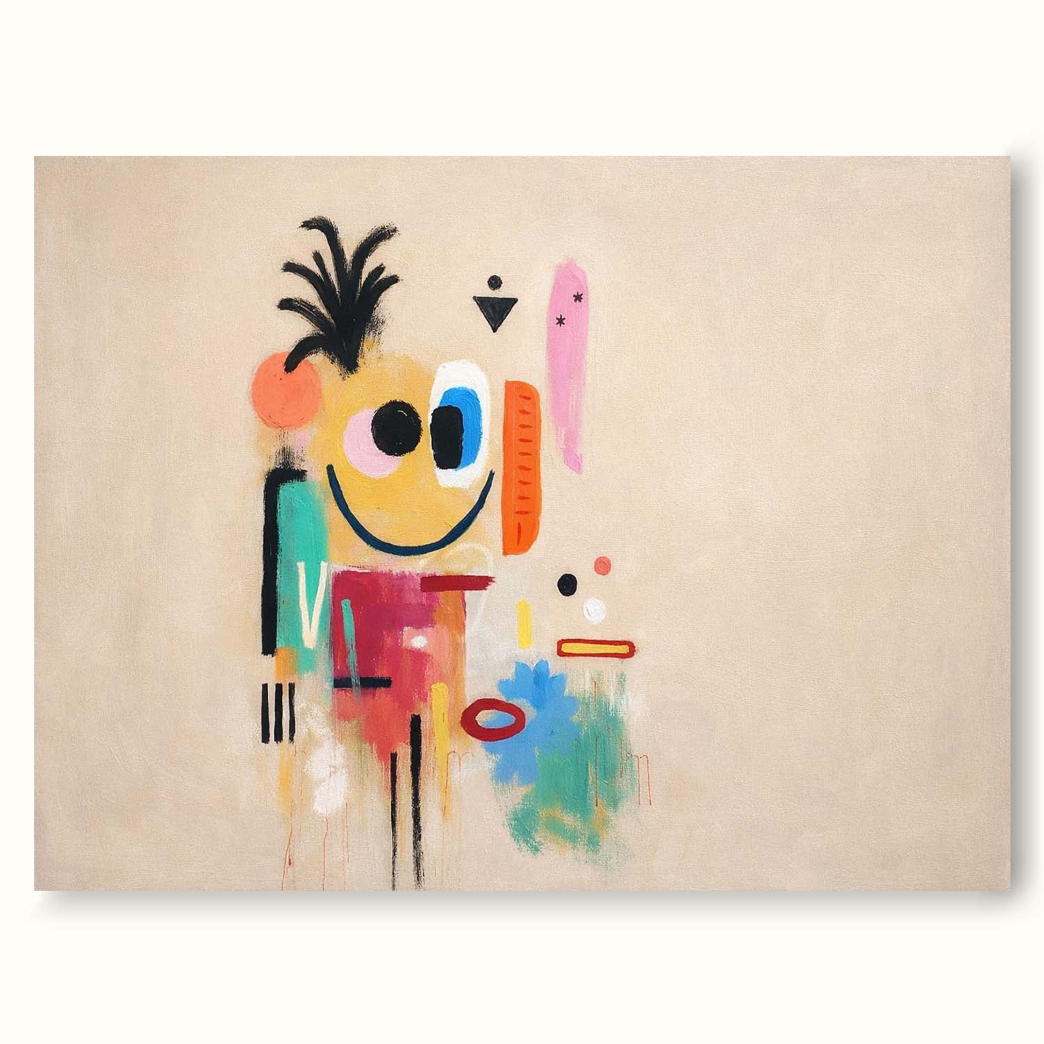 Large Horizontal Beige Abstract Character Painting With Artistic Texture For Modern Home