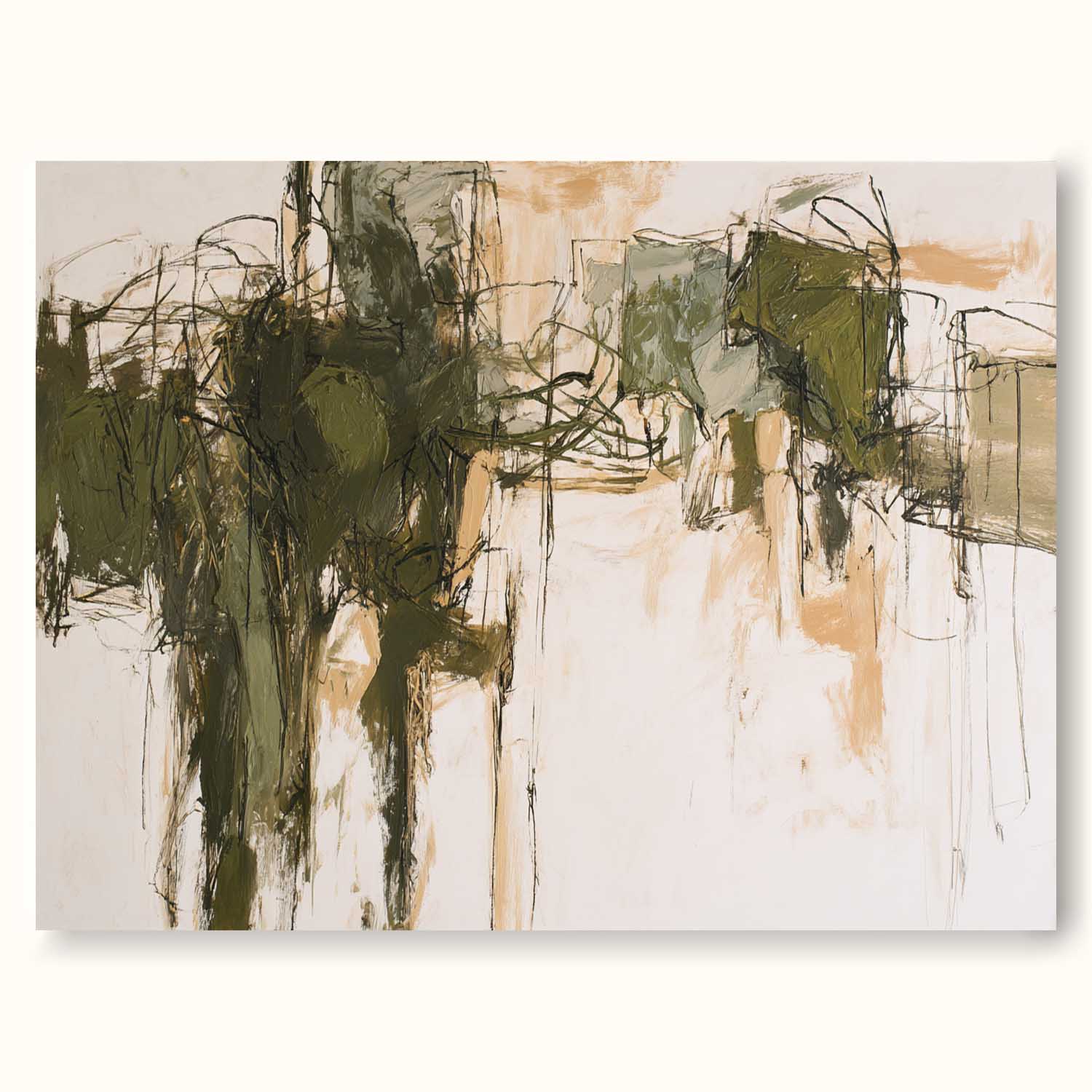 Horizontal Green Abstract Line Art Large Horizontal Green And Beige Abstract Canvas Neutral Green Textured Canvas Art