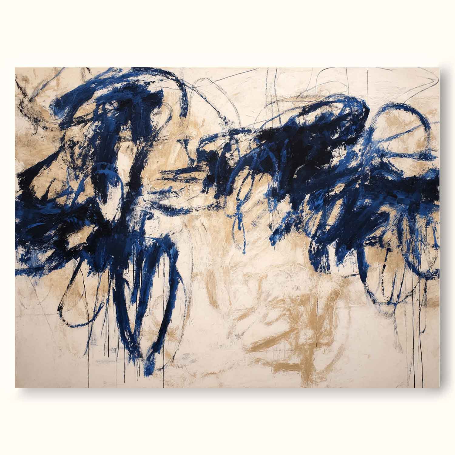 Horizontal Beige Abstract Line Art Painting Minimalist Horizontal Beige Abstract Line Painting Large Blue Line Wall Art