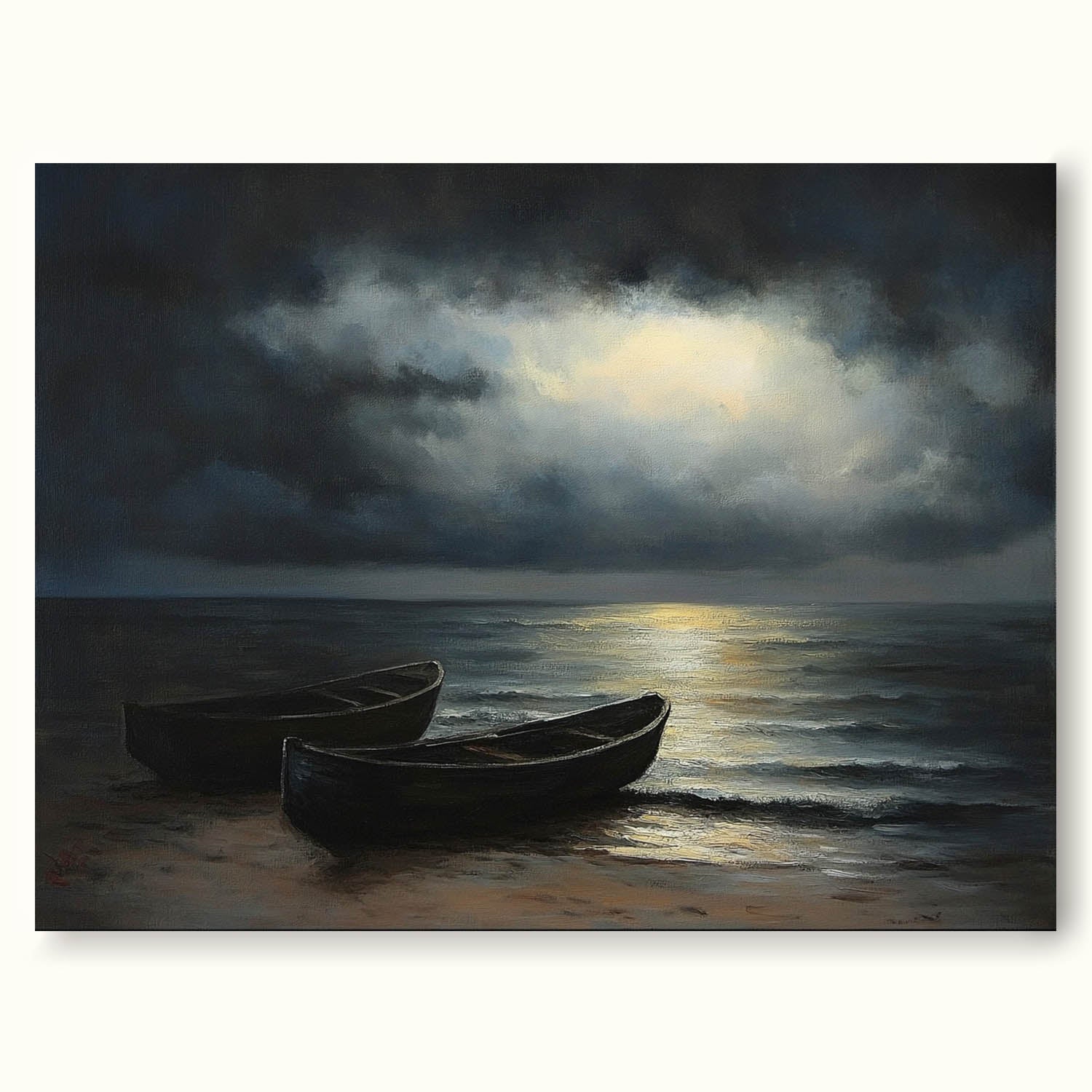 Minimalist Nighttime Seaside Oil Painting Wabi Sabi Vintage Boat At Night Painting Large Original Coastal Boat Art