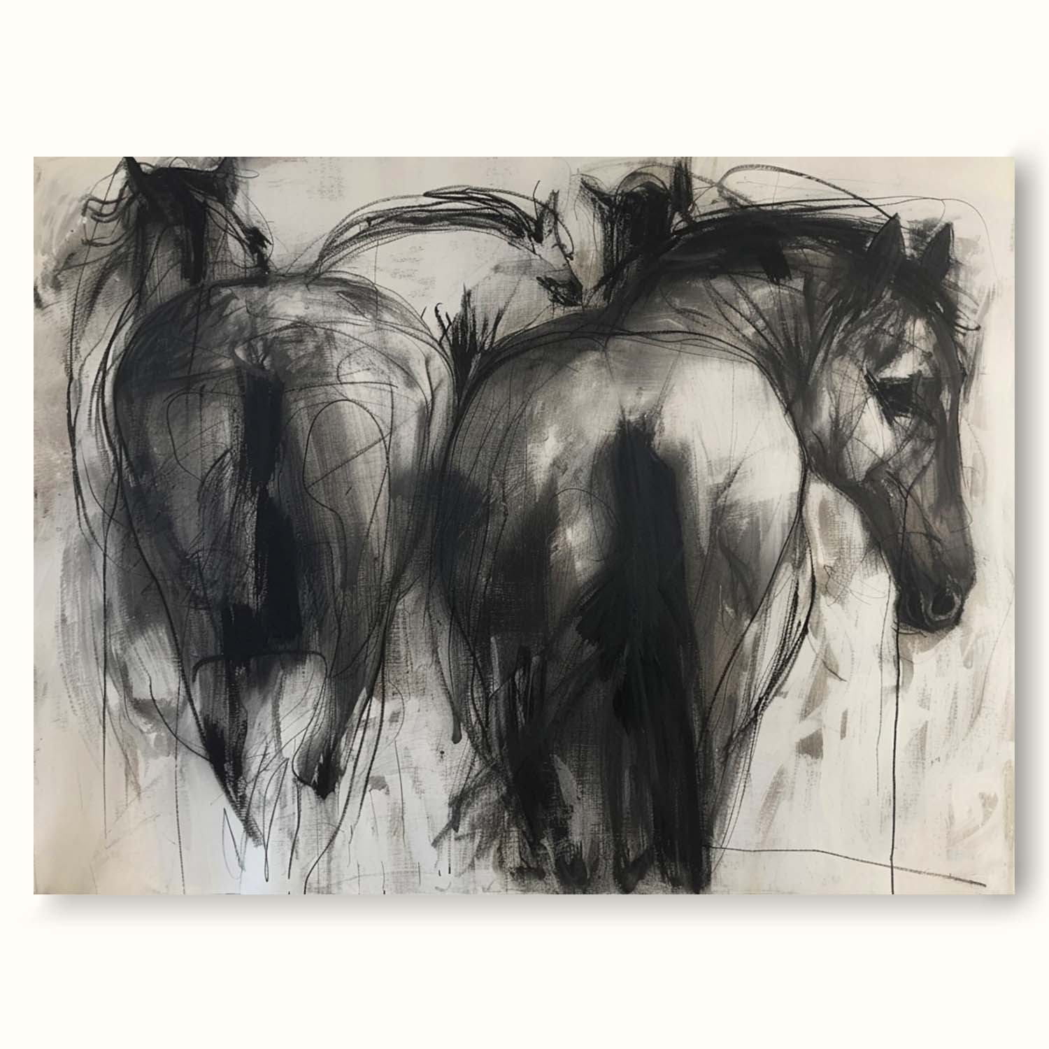 Vintage Black Horse Acrylic Painting Large Original Abstract Canvas Art Neutral Abstract Horse Acrylic Art