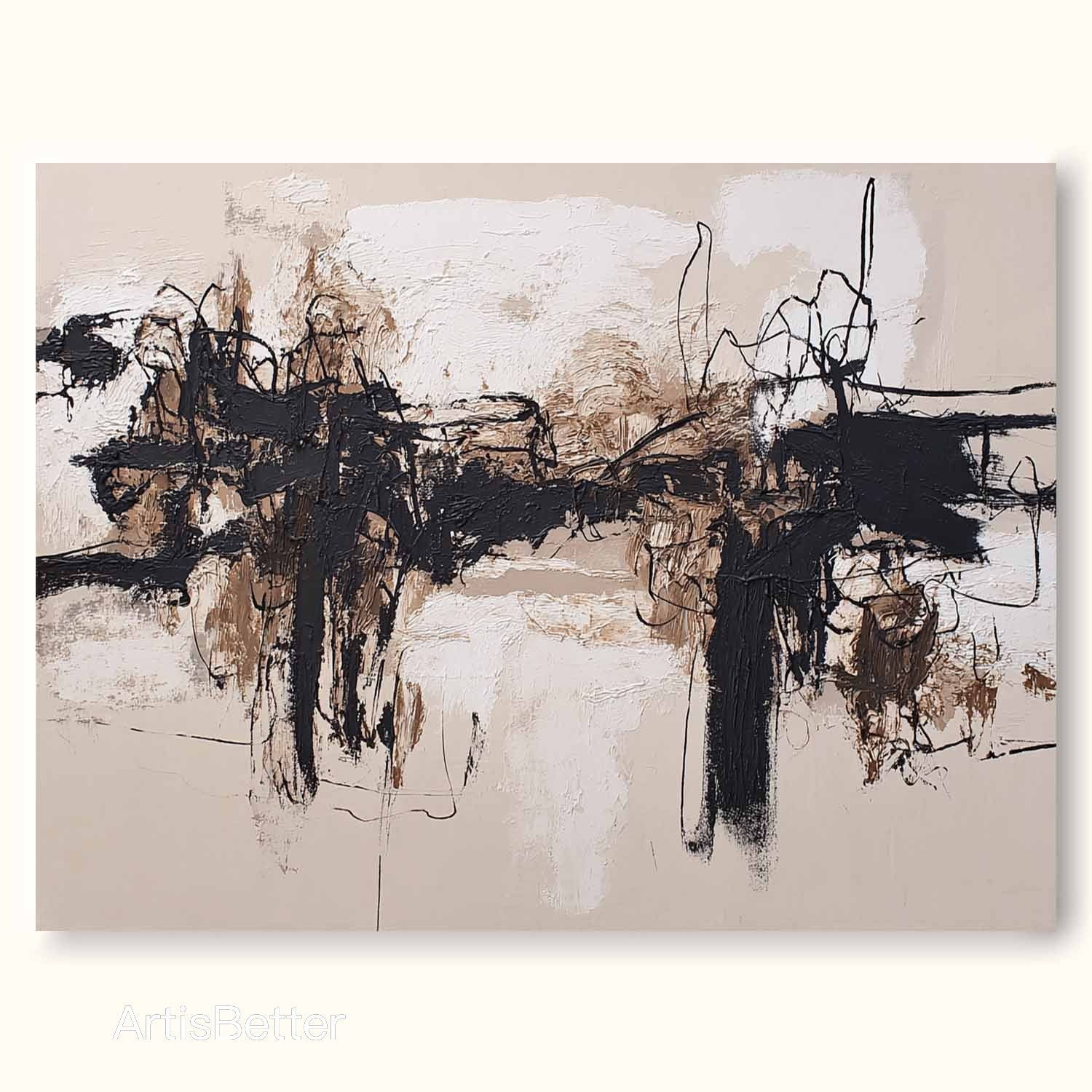 Minimalist Beige and Black Abstract Painting Hand Painted Beige Black Abstract Wall Art Large Textured Black Canvas Art