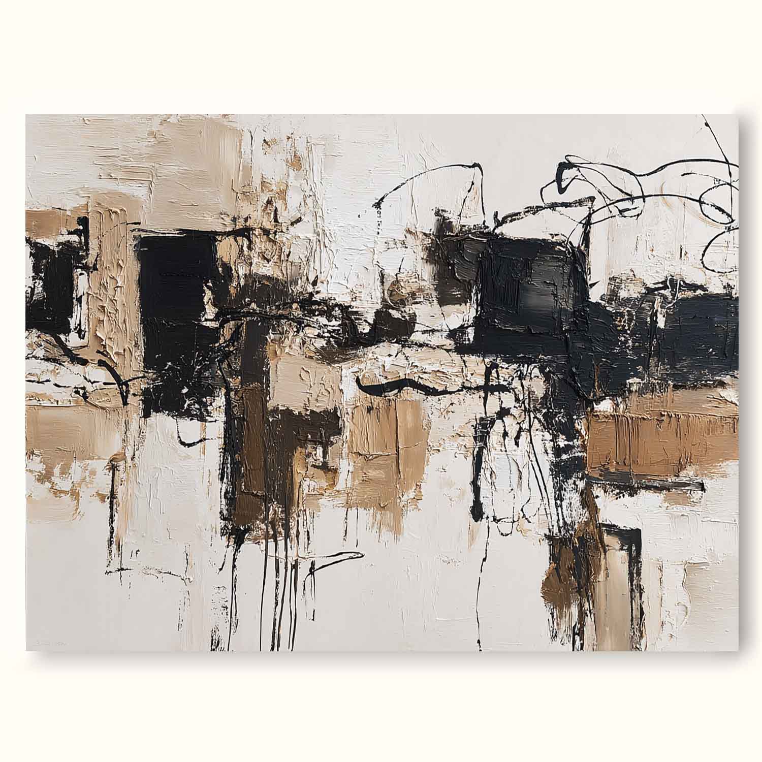 Large Neutral Beige Black Abstract Art Handmade Beige Black Oil Painting Modern Minimalist Wall Art For Living Room