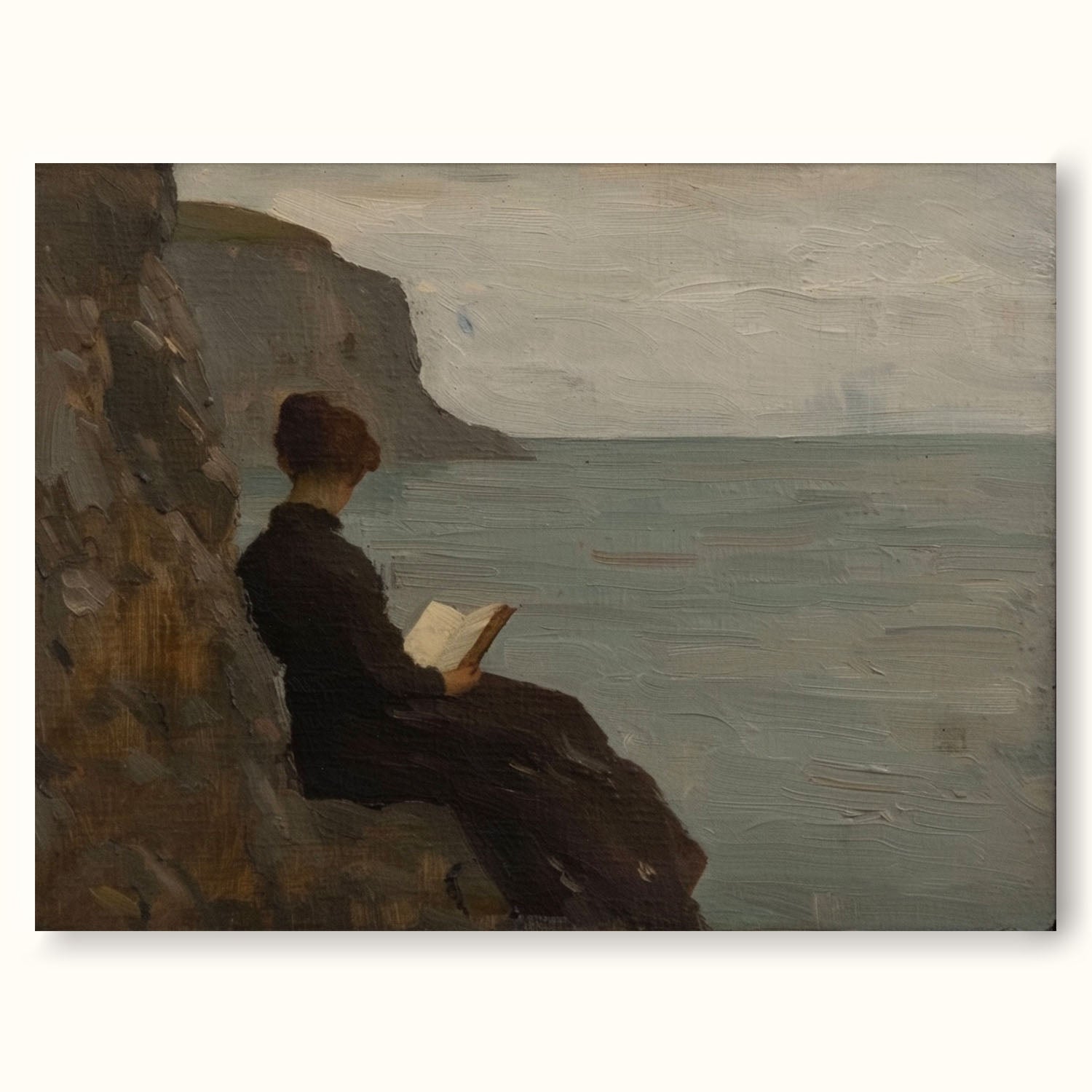 Original Moody Dark Seaside Beach Art Coastal Wall Reading Book Decor Woman Reading In The Beach Wall Art